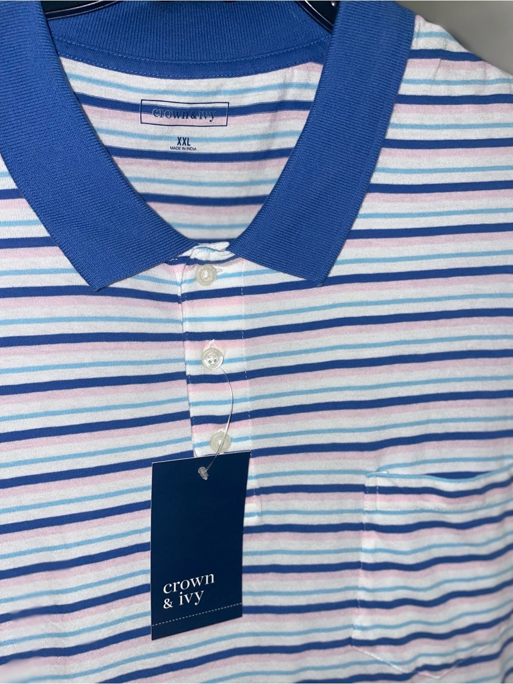NWT Crown & Ivy Striped Polo Shirt XXL Blue Pink White Pocket